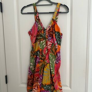 Tropical Leaf Print Sundress - Vivid Pink, Orange & Green